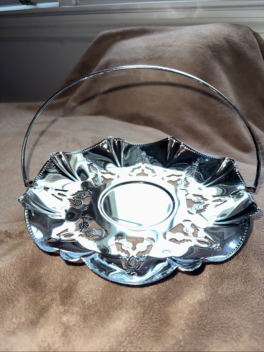 Fluted Crome Thistle Cutout Petit Fours Serving Dish with Handle 1930’s Rare